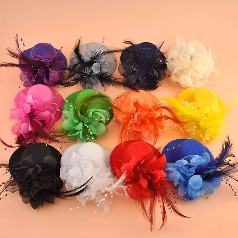 Fashion 13cm Kids Fascinators Hats Makeup Prom Hair Accessories Cocktail Hats Feathers Flower Pillbox Hat Party