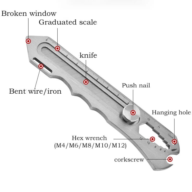 3cr13 Stainless Steel Utility Knife Bottle Opener Hexagonal Screwdriver Window Breaker Caliper Cable Bender Multi-Function Tool