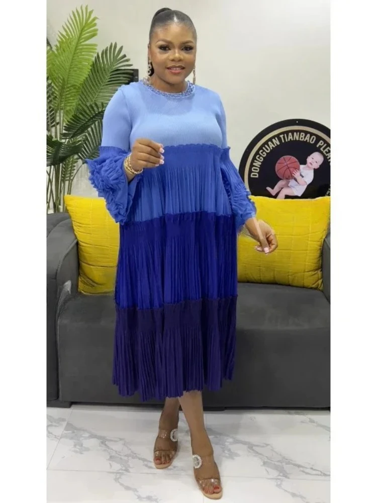 

Pleats 2025 New Wholesale New Dress Women's Clothing Color Matching Round Neck Bead Temperament Loose Dresses Fashion Hot Sales