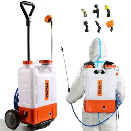 4 Gallon Battery-Powered Backpack Sprayer on Wheels, 0-94 PSI Adjustable Pressure, 8 Nozzles, 2 Wands, 12V Battery for weeding &