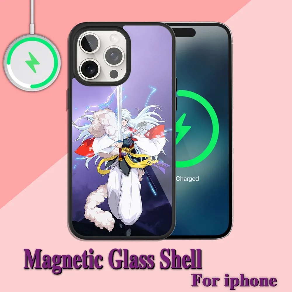 Custodia per telefono Anime InuYasha Sesshomaru per ricarica iPhone 13 14 15 11 12 Pro Max Plus guscio magnetico Magsafe in vetro