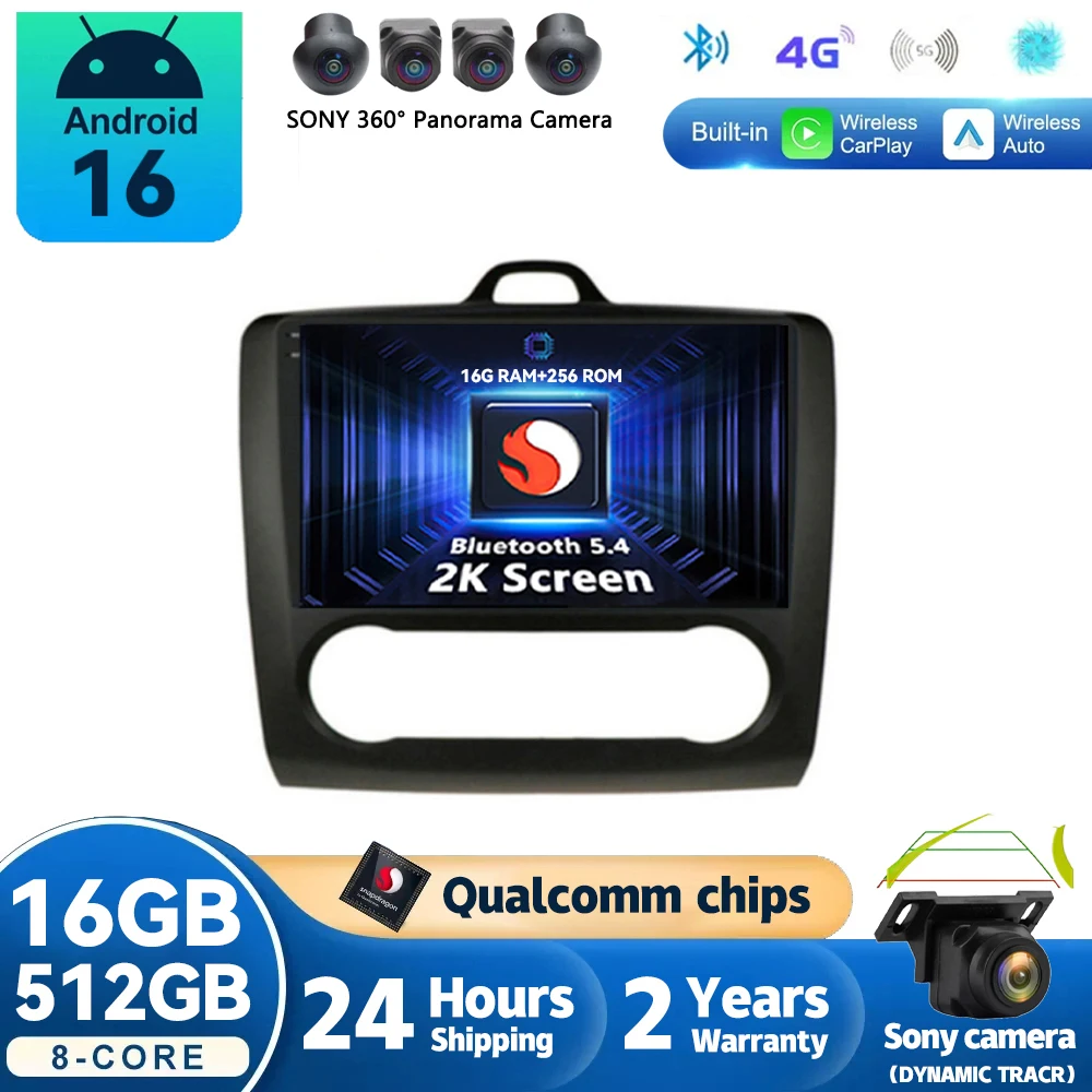 Rádio Automotivo Android 16 Carplay para Ford Focus 2 3 Mk2 Mk3 2004 2005 2006 2007 -2011 Navegação GPS Reprodutor Multimídia WiFi+4G
