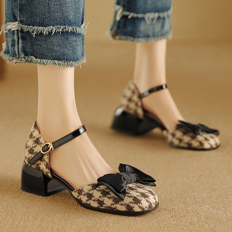 

Kawaii Girls Sweet Bowties Moccasins Shoes Women's Lolita Houndstooth Mary Janes Square Heels Ankle Strap Pumps Zapatillas Mujer