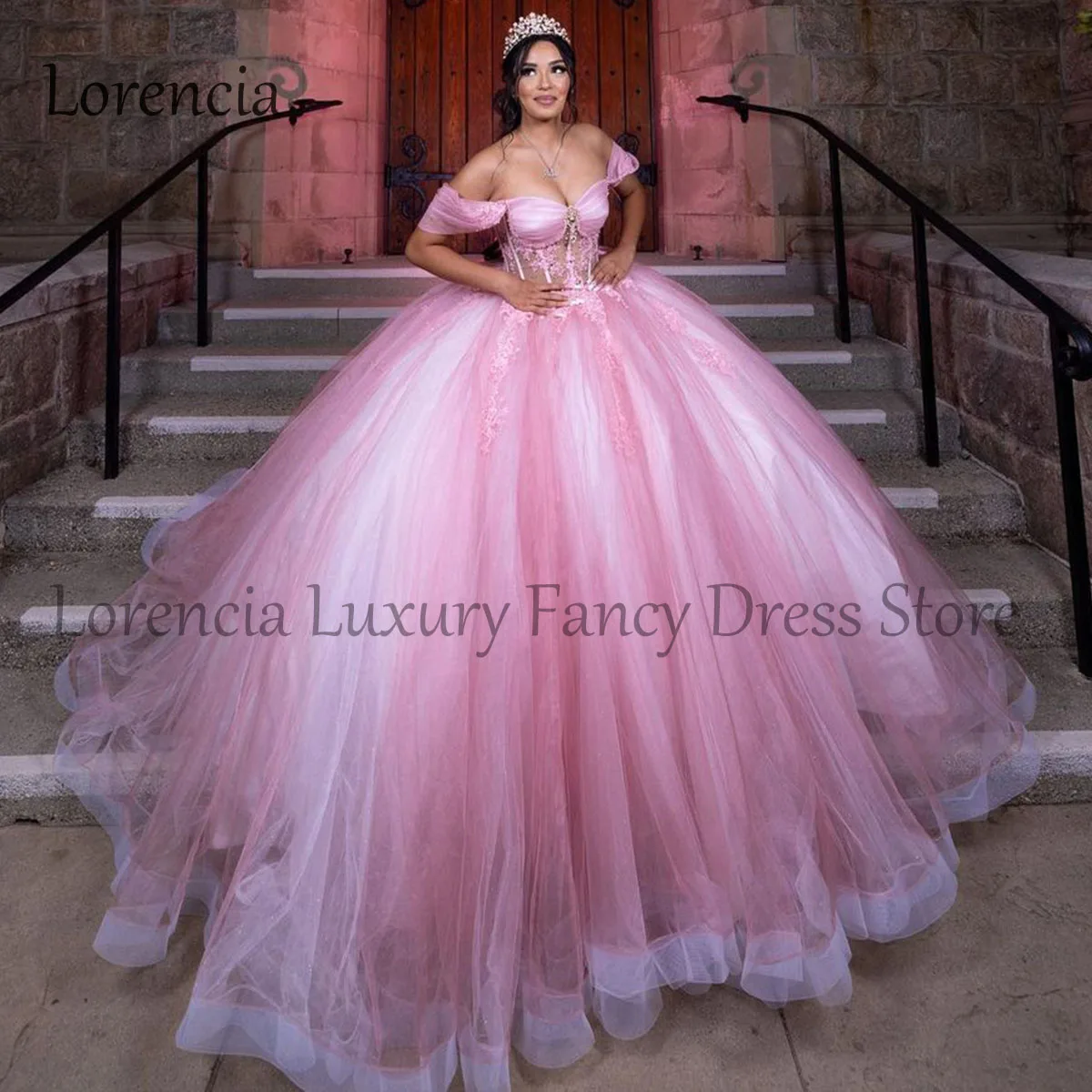 2024 Roze Quinceanera Jurk Baljurk Applique Off Shoulder Kralen Korset Sweet 16 Formele Mouwloze Verjaardagsfeestjurken Gewaad