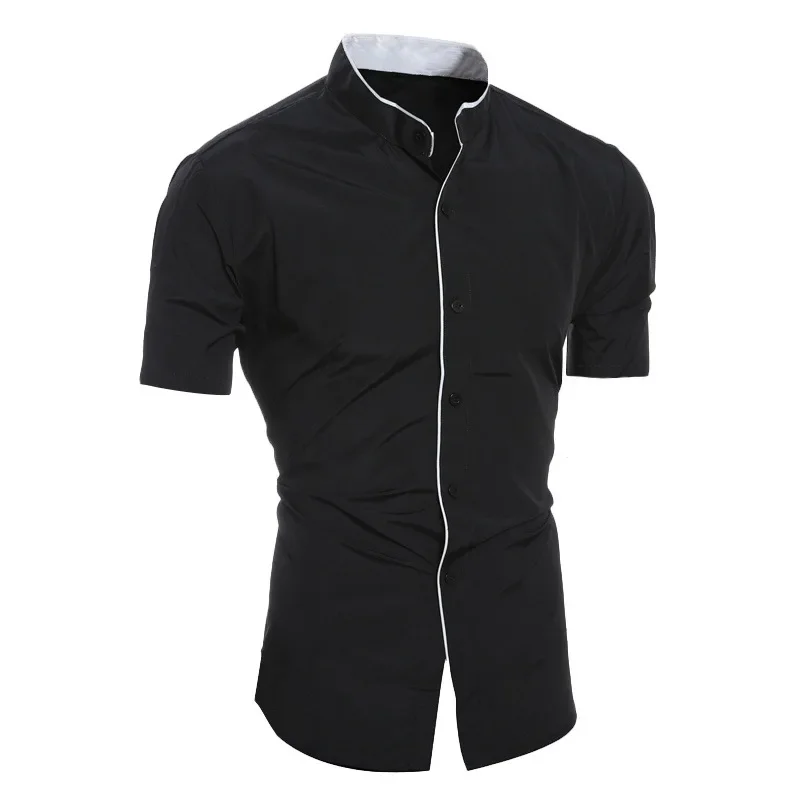Summer New Fashion American Men's Solid Color Casual Trendy Stand Collar Short Sleeve Slim Single-breasted Shirts Male Clothes