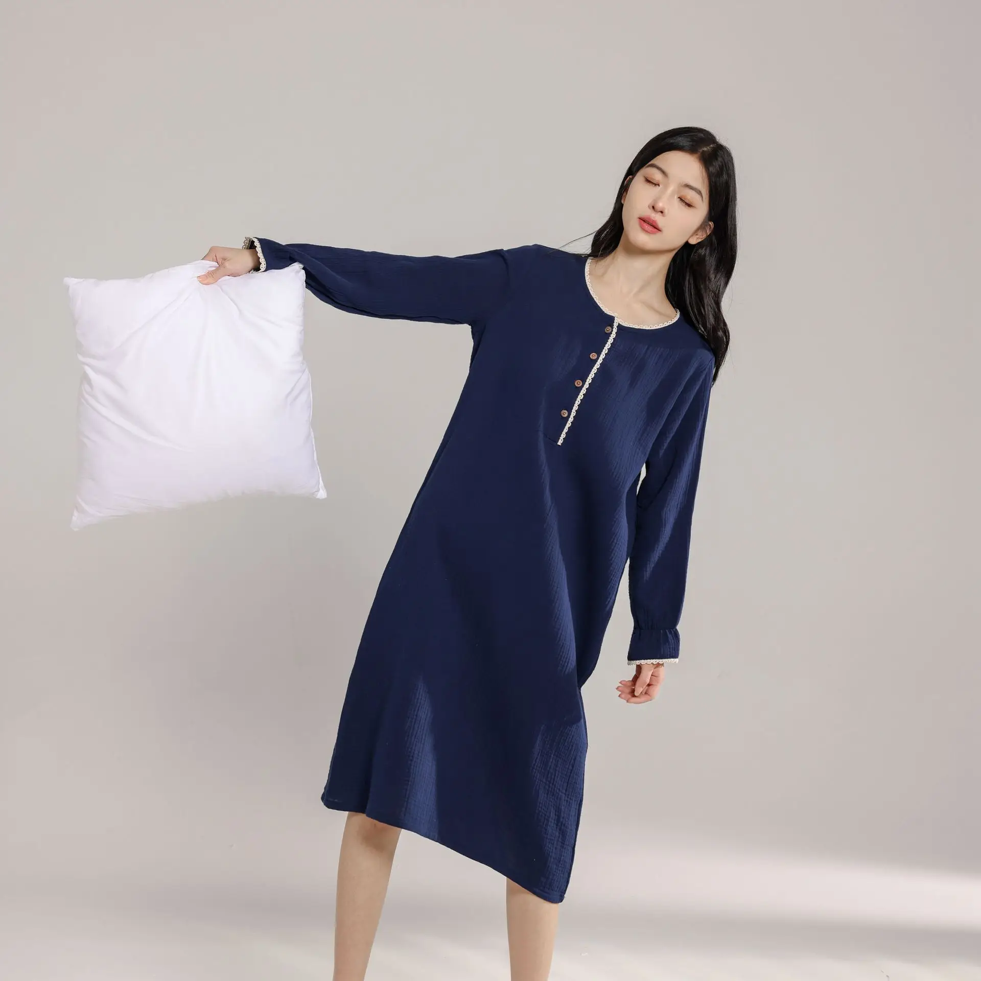 

New Spring Women's Nightdress 100% Cotton Round Neck Pullover Loose Nightdress Dress Large Home Dress Long Sleeve Home Dress