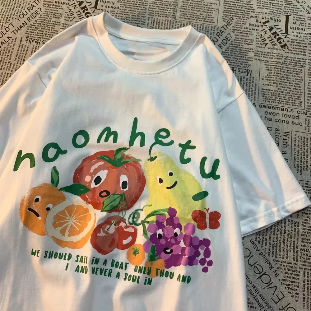 2025 الأمريكية خمر الفاكهة طباعة طاقم الرقبة قصيرة الأكمام حجم كبير تي شيرت المرأة الرجال أنيق فضفاض زوجين قصيرة الأكمام المحملة