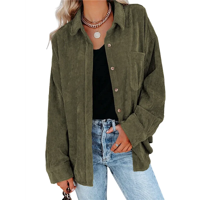 

ABP-Womens Corduroy Button Down Shirts Boyfriend Long Sleeve Oversized Blouses Tops