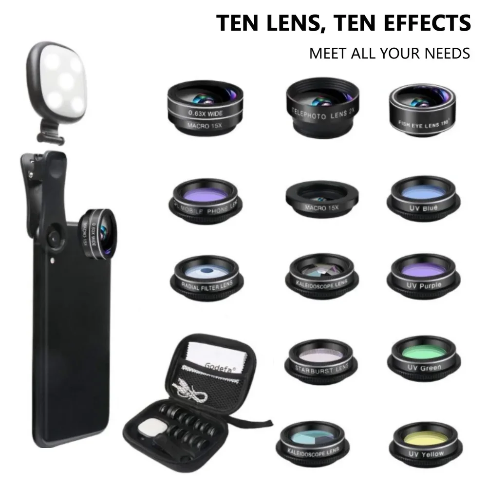 Mobile Phone Special Effects Lens Fisheye Wide-angle Macro Extended Distance Starlight Fun Filter 10-in-1 Set Shooting Vlog Lens