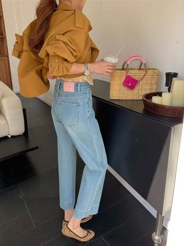 

Light Blue High Waist Nine-Tenths Rigid Jeans Women's Summer Thin New Small Size Lyocell Wide Leg Pants Vintage Style Zipper ...