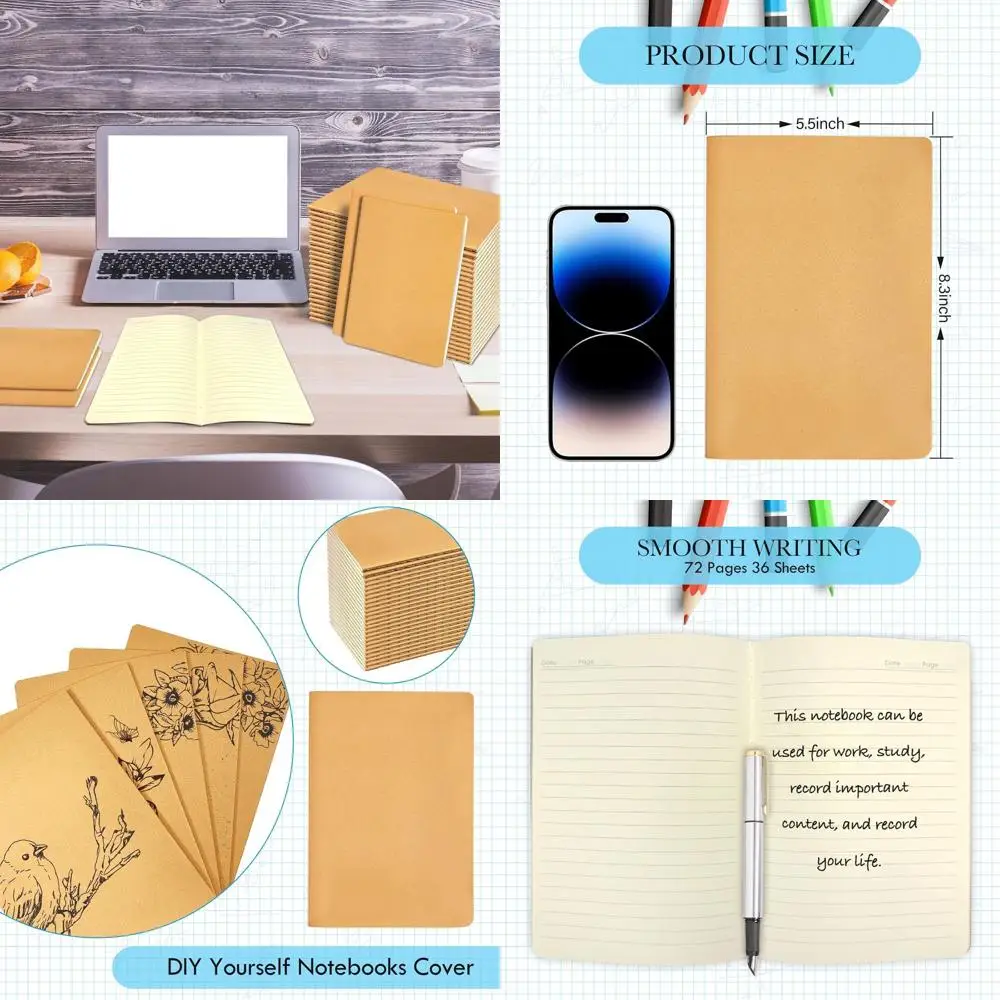

Bulk A5 Kraft Notebooks, 72-Page Lined Travel Journals for Students, Office & Sketching