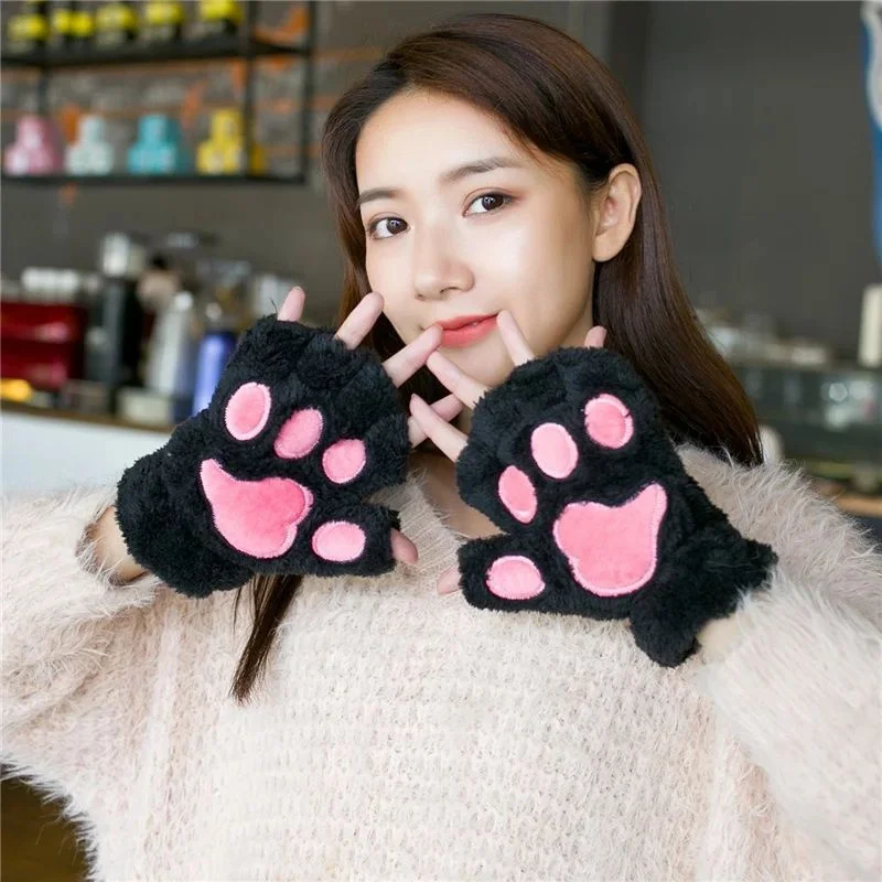 Cute Women Cat Claw Paw Gloves White Plush Half Finger Gloves Faux Fur Writing Cycling Gloves Winter Warm Short Mittens