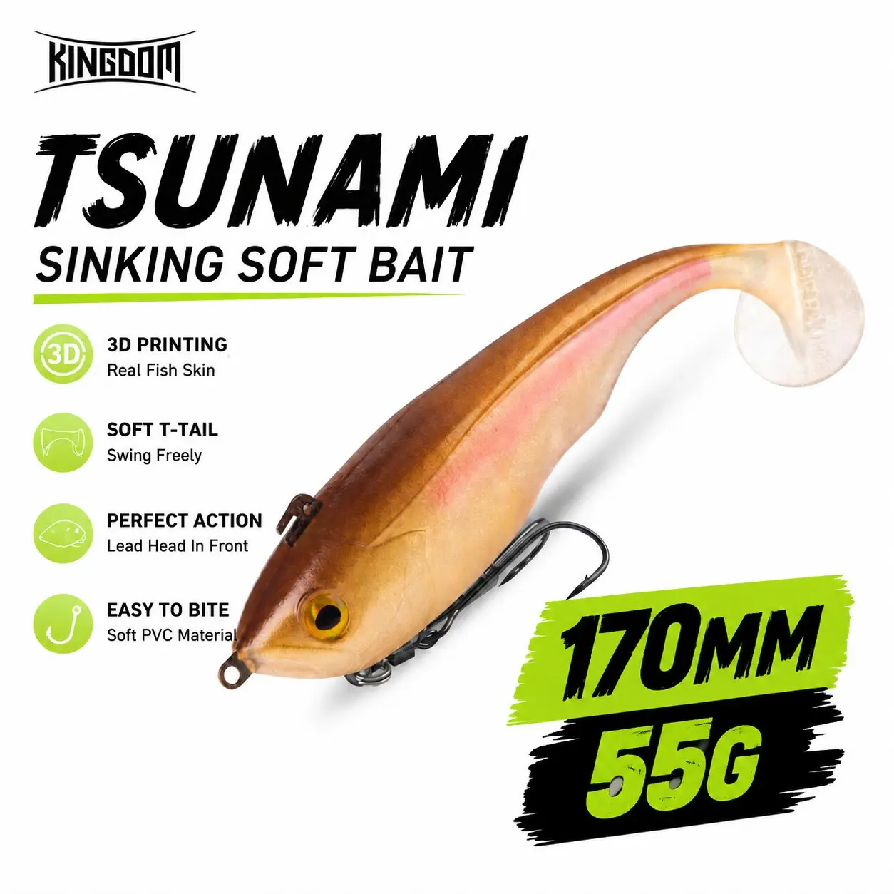 Leurre souple Kingdom Tsunami 170mm 55g en PVC coulant avec double hameçon, queue en T artificielle pour la pêche au brochet et au bar