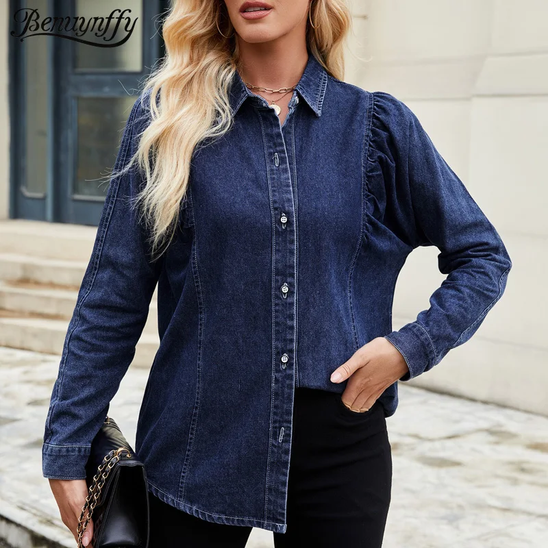 

Benuynffy Vintage Long Sleeve Washed Denim Shirt Women Autumn 2025 Fashion Turn-down Collar Button Down Casual Blouses Tops