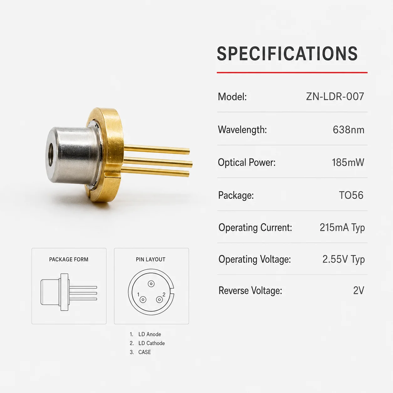 ZhonNa 638nm 185mW Red Laser Diode Module ZN-LDR-007 TO56 Package Optical Sensor Light Tube DIY Lab Electronic Accessories Parts