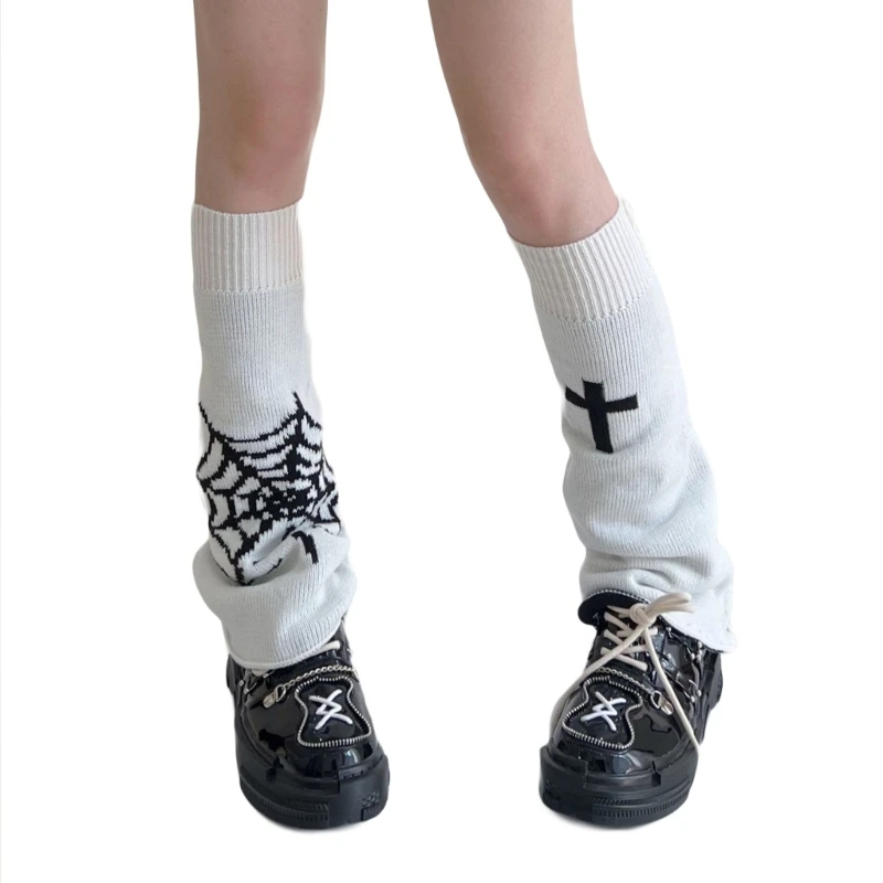 

Gothic Punk Flare Hem Leg Warmers Cross Web Pattern Japanese Women Knitted Street Foot Cover Winter Autumn Boot Cuffs Long Socks