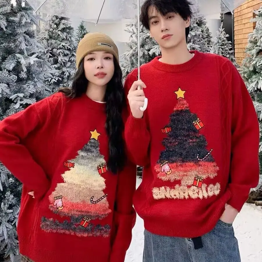 Christmas Couple Outfits Autumn and Winter 2024 Red Cartoon Christmas Tree Loose and Cute Sweater Outfit