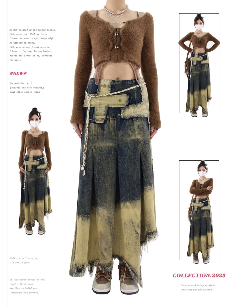 Women Denim Skirt Y2k Emo 2000s Clothes Long Skirt Harajuku Korean 90s Fashion Vintage Gradient A-line Jean Skirt Grunge Clothes