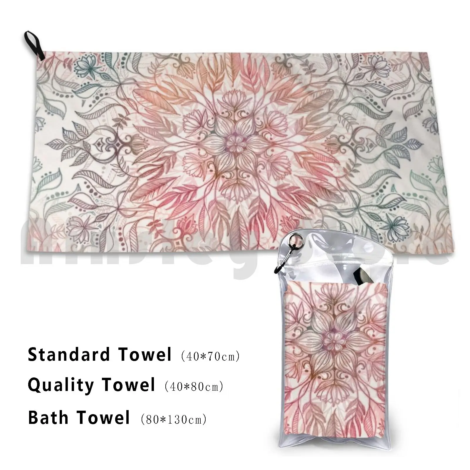 Autumn Spice Mandala In Coral , Cream And Rose Beach Towel Quick Dry Quality Towel Pencil Hand Drawn Orange Mandala