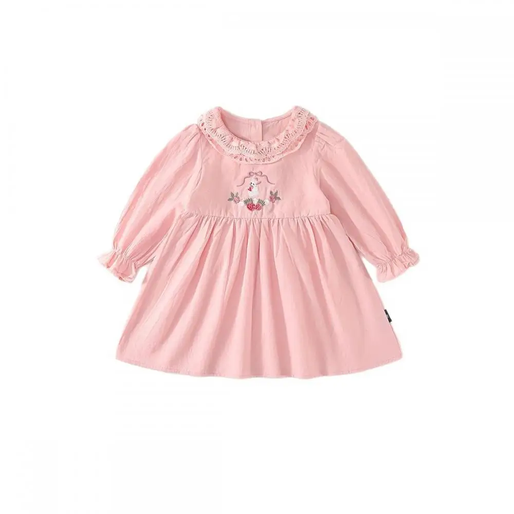 

2025 Kids Clothing Cute Cartoon Animal Embroidery Dress Lotus Leaf Lace Collar Girls Dresses Spring Cotton Children Casual Frock