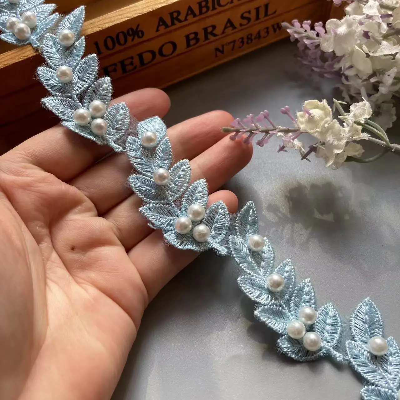 

New 10x Blue Pearl Beaded Flower Leaf Embroidered Lace Trim Ribbon Fabric Handmade Sewing Craft For Costume Hat Decoration Hot