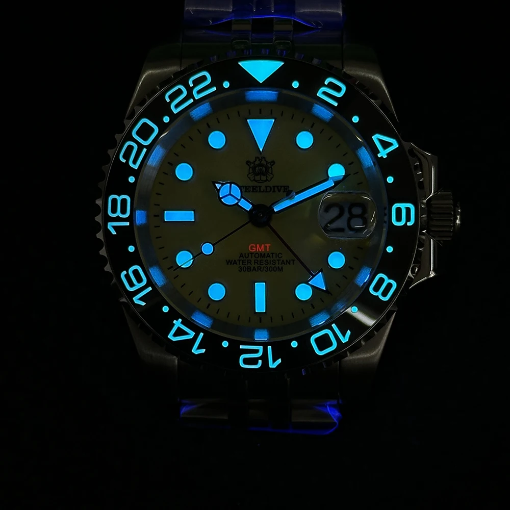 STEELDIVE Orologio GMT da uomo 40,5 mm Orologio da polso meccanico automatico Diver 30ATM Zaffiro luminoso NH34 Cola 120 clic Lunetta in ceramica