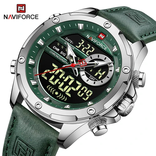 NAVIFORCE moda para hombre Casual reloj de cuero verde militar impermeable cronógrafo Digital reloj de pulsera de cuarzo para hombre reloj despertador masculino