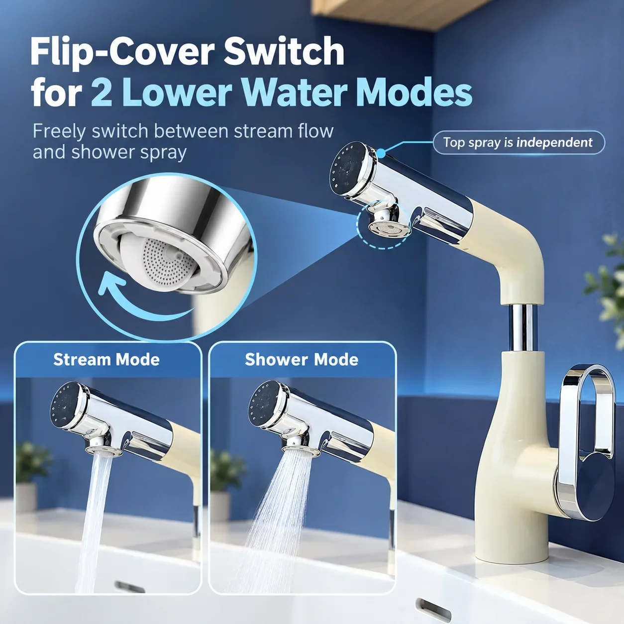 Pull Out Bathroom Sink Faucet with Upward Spray,  360° Rotating Lift-Up Faucet Basin Single Handle Faucet with Hot Cold Hose