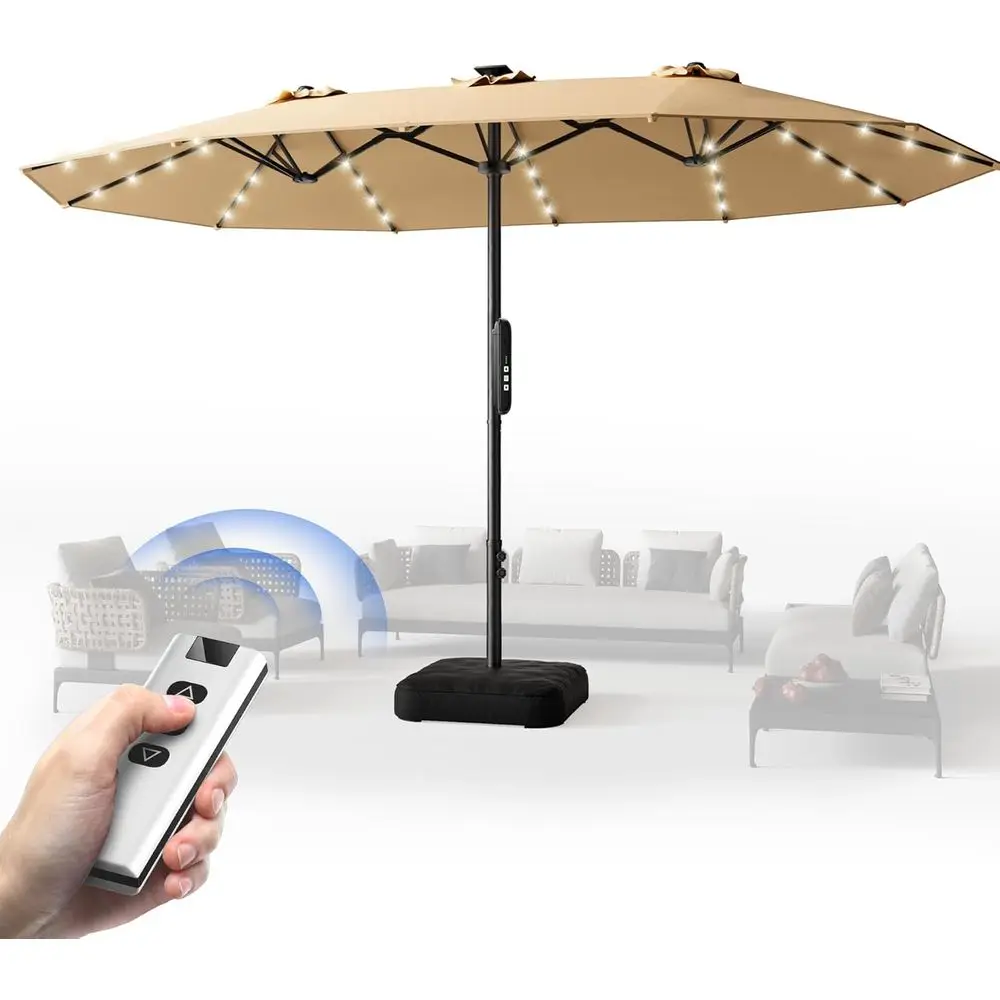 

Motorized 15ft Electric Patio Umbrella with Base and Lights, Double-Sided, Remote Control, Auto-Open, Beige
