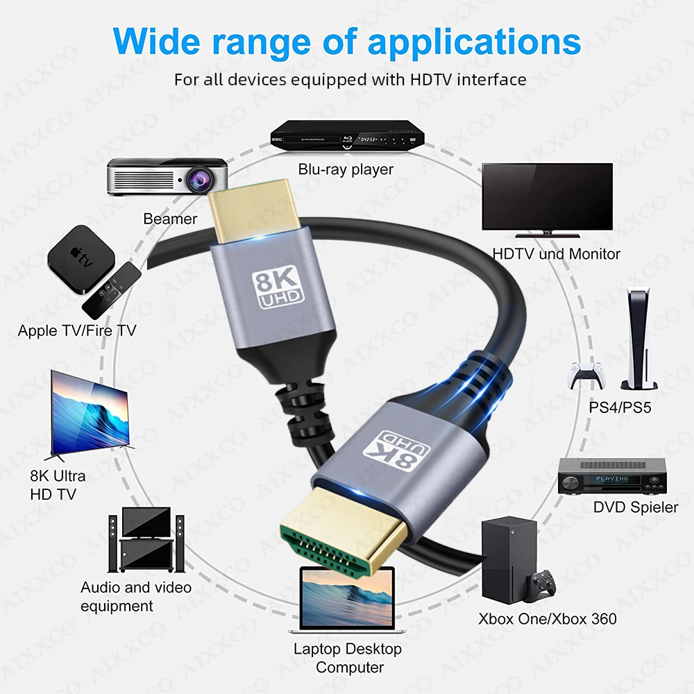 AIXXCO-Cable 2,1 Compatible con HDMI, 8K @ 60Hz, 4K @ 120Hz, 48Gbps, HDR de Ultra alta velocidad para proyector de ordenador portátil, PS4, PS5, HDTV