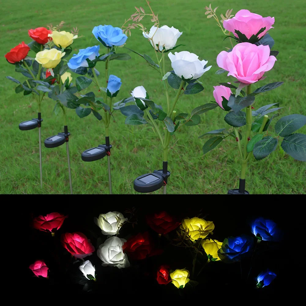 70cm 3 Heads Solar Light Garden LED Rose Outdoor Decoration Artificial Flower Lawn Lamp Grassland Light Waterproof Roses Mariage