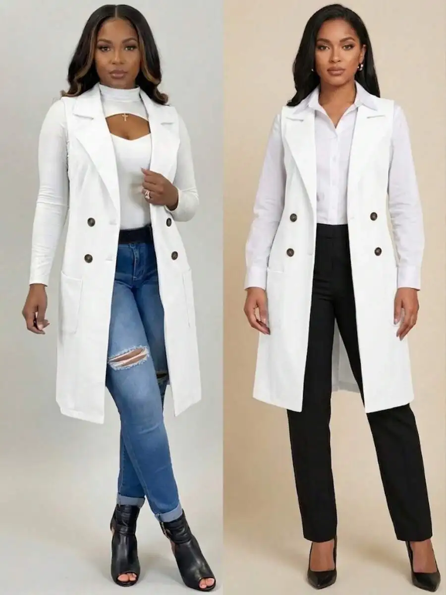 

Womens Solid Longline Sleeveless Knit Vest With Lapel Collar Open Front And Pockets