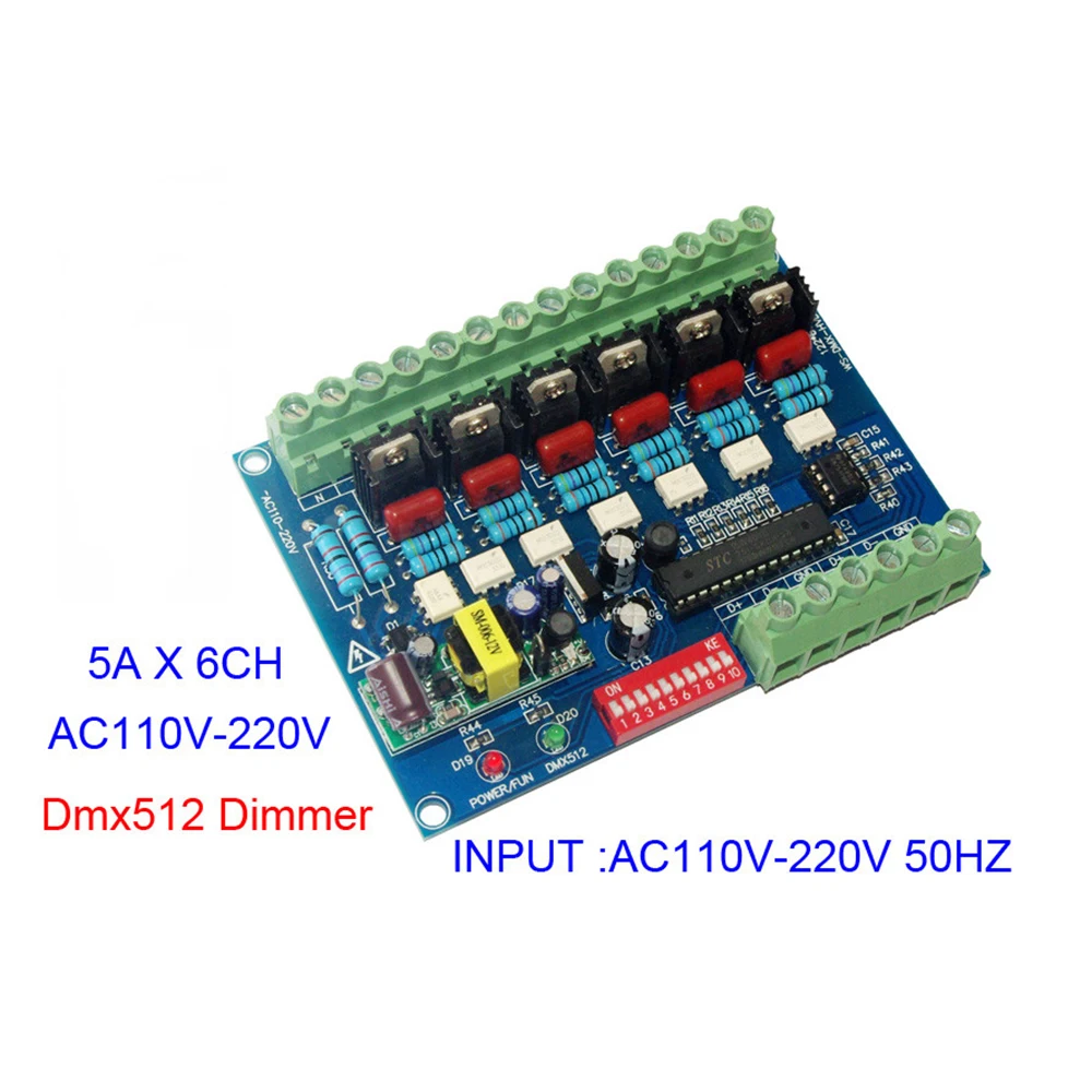 

6CH AC110V-220V High Voltage 50HZ 6 Channels Dimmer DMX512 Decoder 5A/CH Dimmer Board For High Voltage Incandescent Lamp