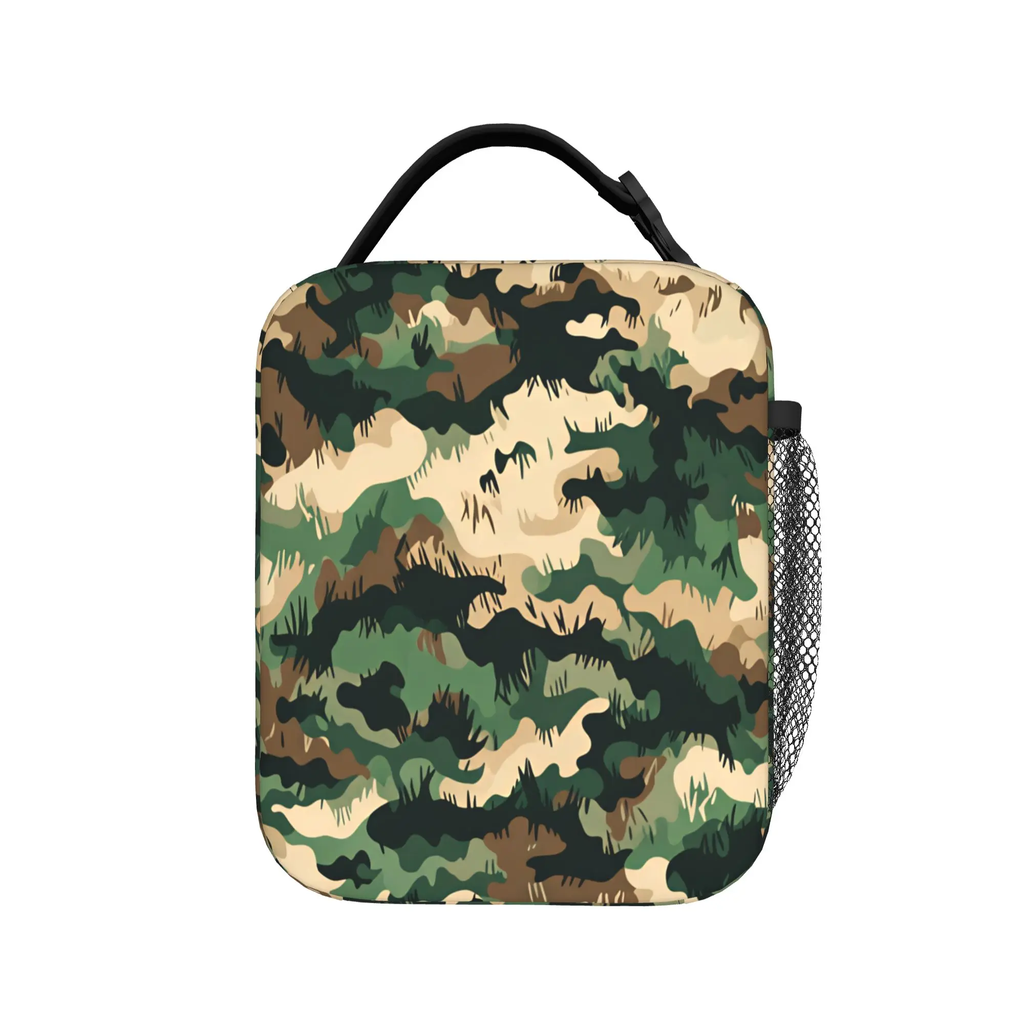 Military Camo Pattern Forest Green Brown And Tan Lunch Bag For Girl Boy School Lunch Box Retro Portable Zipper Oxford Cooler Bag