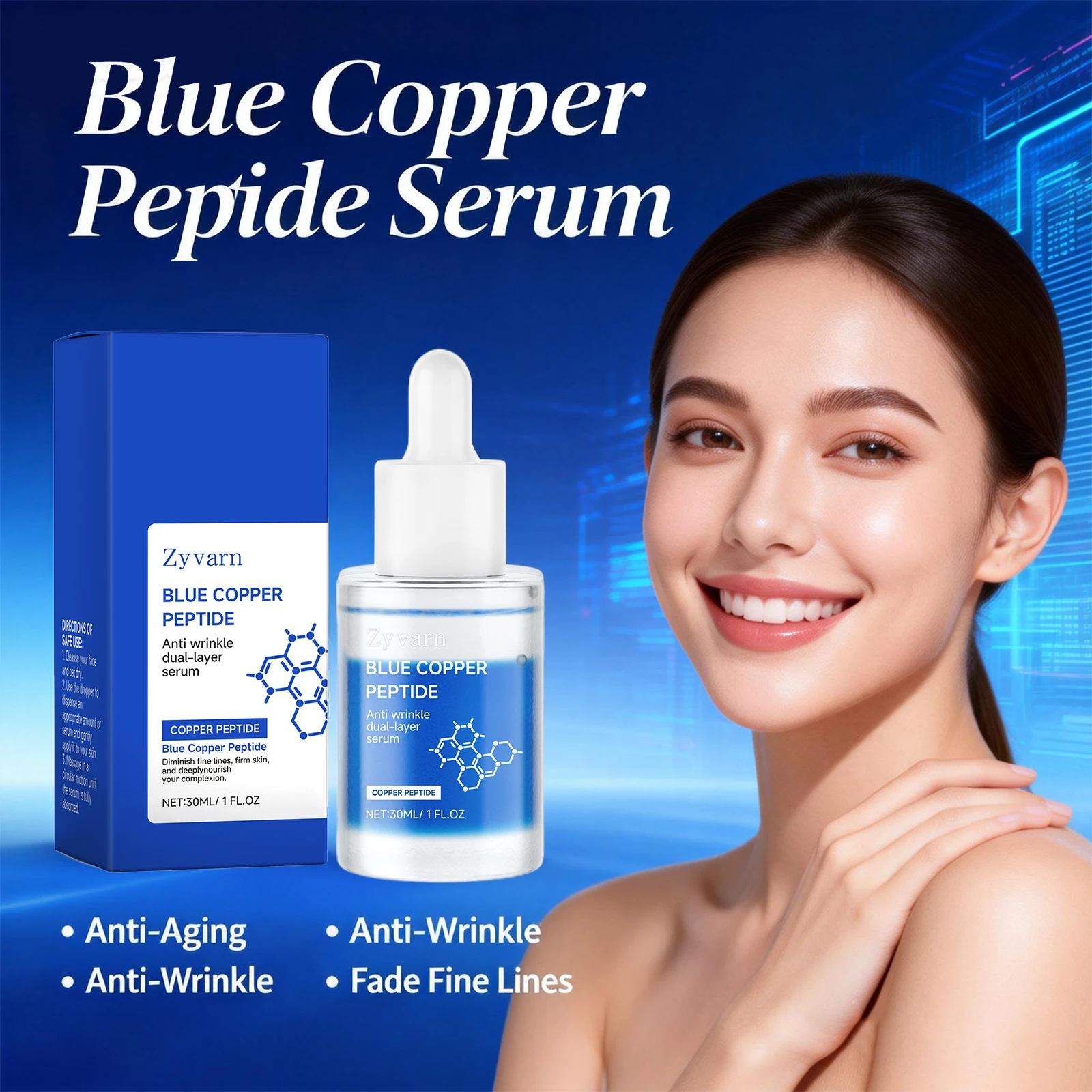 

Blue Copper Peptide Serum for Face Anti Aging Fade Fine Lines Improve Skin Elasticity Even Skin Tone Firming Lifting Essence