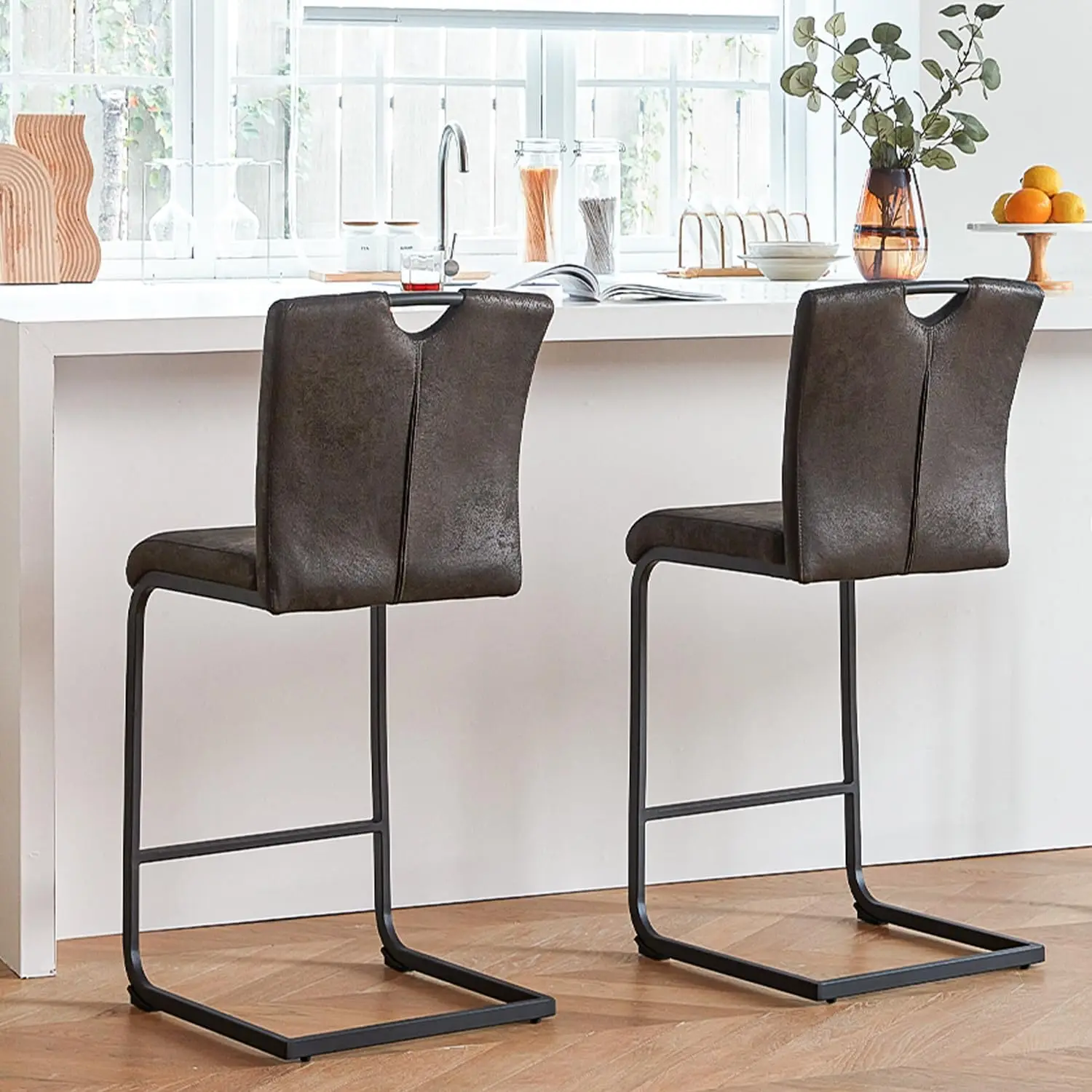 [New Arrival!]Mid Century Modern 24 Inch Black Bar Stools Set of 2 with Back,Upholstered Counter Height Bar Stools with Handle,V
