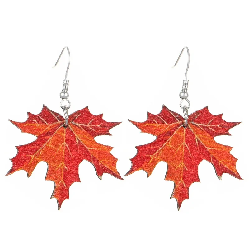 New Wood Texture Maple Leaves Earrings Red Leave Dangle Earring for Women Winter and Autumn Ear Accessory