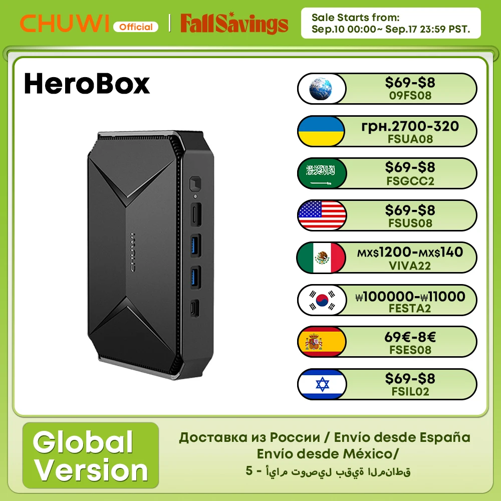 CHUWI HeroBox 인텔 셀러론 N100 쿼드 코어 CPU, 윈도우 11 OS 8GB LPDDR4 256GB SSD, 듀얼 밴드 와이파이 데스크탑 컴퓨터, 미니 PC 