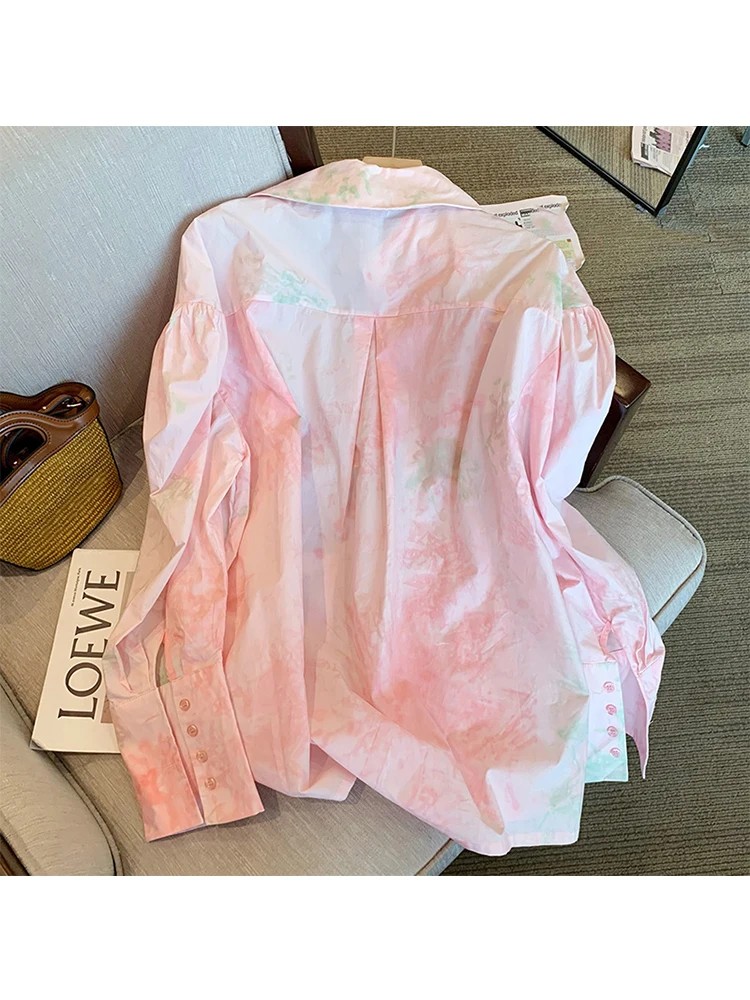 Korean Fashion Tie Dye Loose Long Sleeve Single Breasted Shirt 2023 Spring Women\'s Turn-Down Collar Casual Female Blouse