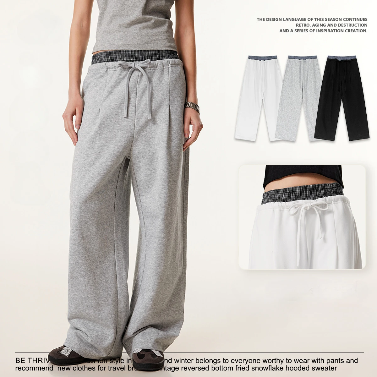 2025 pantalones casuales de moda para hombres cintura elástica a cuadros escoceses empalme doble cintura cabeza pantalones de pierna ancha holgados de algodón recto