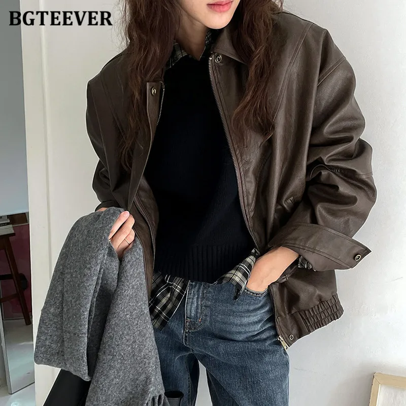 

BGTEEVER Spring Autumn Lapel Female PU Leather Jackets Vintage Long Sleeve Loose Pockets Women PU Coats