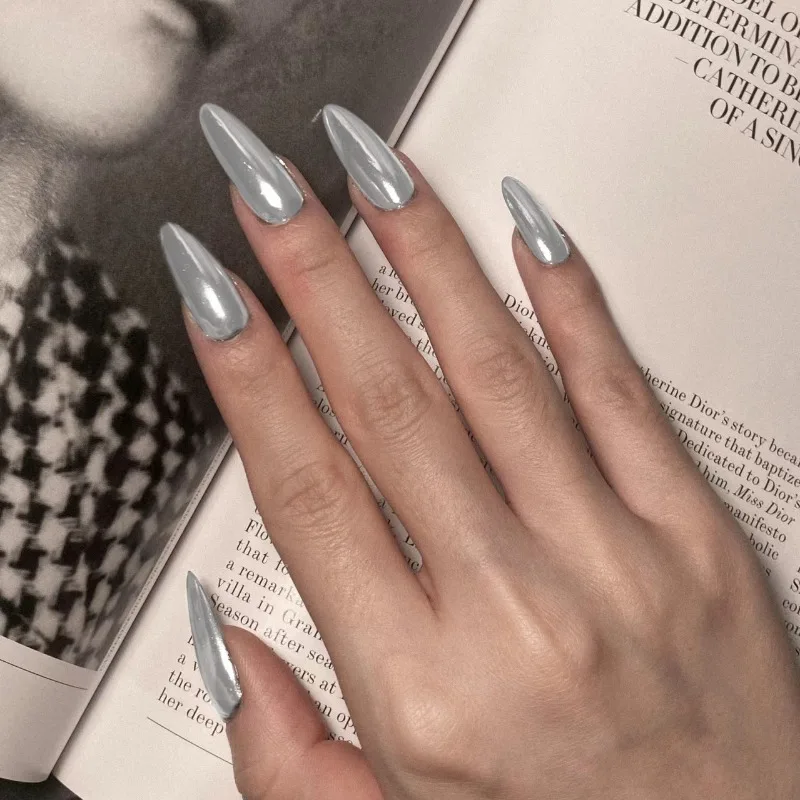 

24pcs Press on Acrylic Nails for Gluing Silver Plated Realistic Stick-on Nails Set Almonds Artificial Nail Art Acrylic Nail Tips