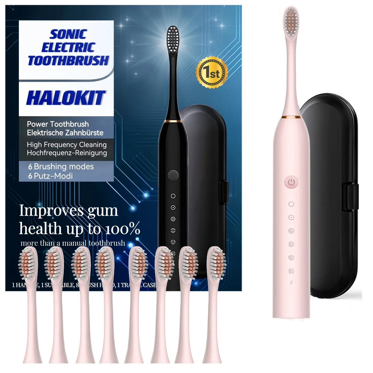 Sonic Electric Toothbrush - 8 Brush Heads & USB Rechargeable Tooth Brush - Black Travel Case & 6 Modes Smart Timer - Effective T