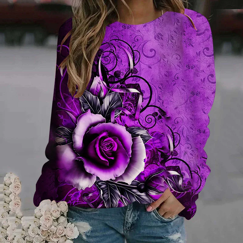 Rose Flower Sweatshirts Floral 3D Print Hoodies Women Long Sleeve Y2k Hoodie Streetwear Oversized Pullovers Top Female Clothing