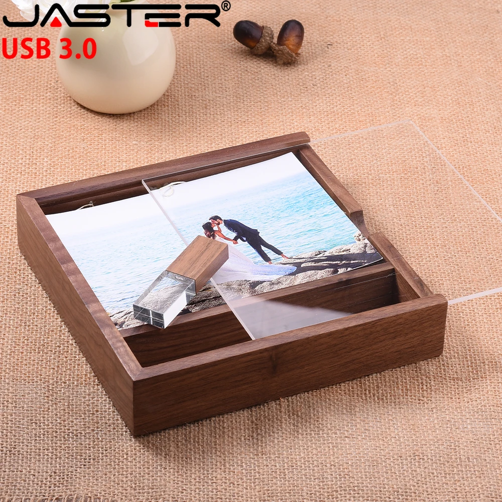 JASTER Wooden Photo Album Box Acrylic Lid USB 3.0 Flash Drives 128GB Pen Drive Free Custom Logo 64GB 32GB Wedding Gift U Disk