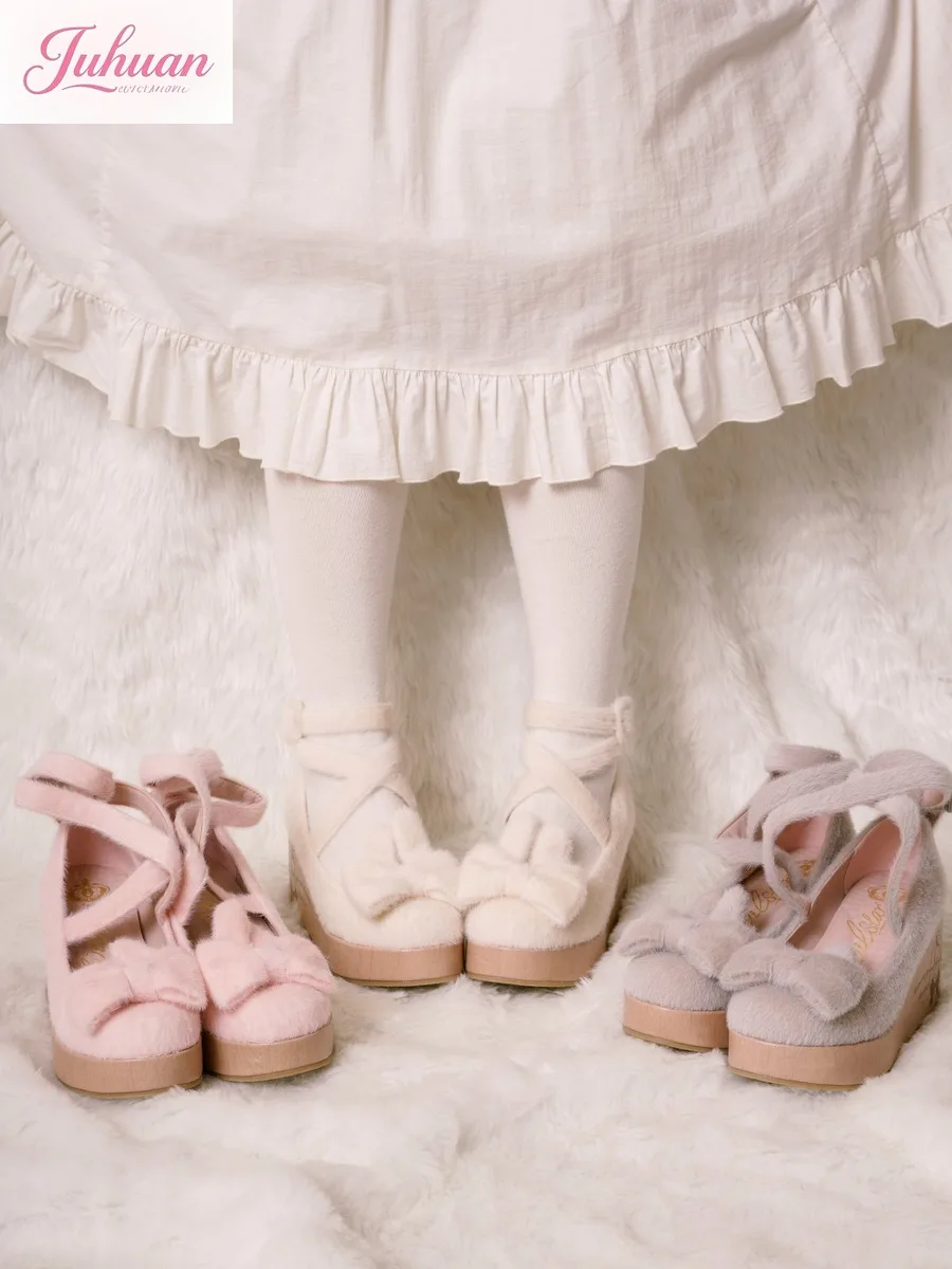 

Kawaii, оригинальные японские туфли для маффинов на танкетке с деревянной подошвой, женские туфли Мэри Джейн на толстой подошве в стиле Лолиты, плюшевые мягкие восковые туфли на высоком каблуке Мэри Джейн