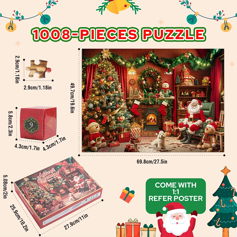 Christmas Advent Calendar 2024 1008 Pieces DIY Jigsaw Puzzle Christmas Celebration Countdown for Kids Adult Xmas Gift Home Decor