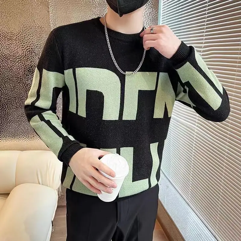 Fashion O-Neck Spliced Casual Letter Sweaters Mens Clothing 2023 Autumn Winter Loose Knitted Korean Pullovers All-match Tops