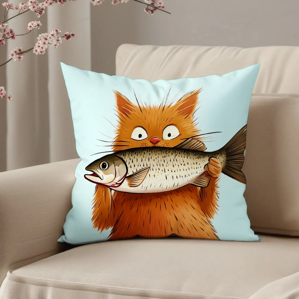 Square Throw Pillow Case Light Blue Funny Orange Cat Holding Fish Print Decorative Cushion Cover For Living Room Sofa Bedroom Ho