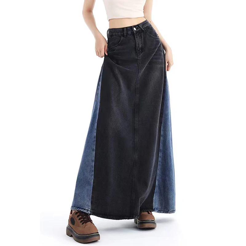 S-XXXL High Waist Denin Skirts Women A-Line Loose Casual Color Contrast Pocket Zipper Fly Long Maxi Jeans Skirts Female Trendy